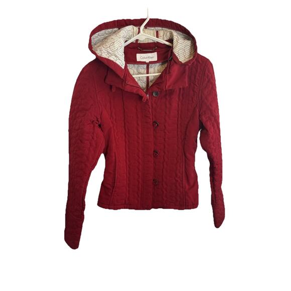 Calvin Klein- Red Quilted Hooded Lined Coat Size Small Button And Zip Closures - Picture 1 of 14